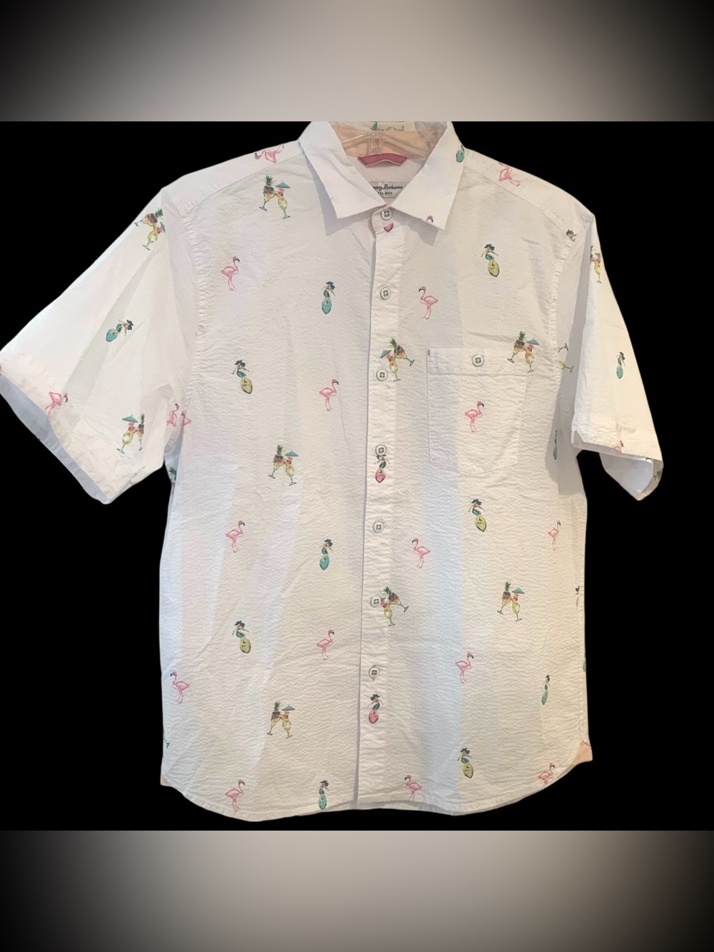 Tommy Bahama Seersucker Nova Wave Flocktail Button Up Stretch Camp Shirt Size M